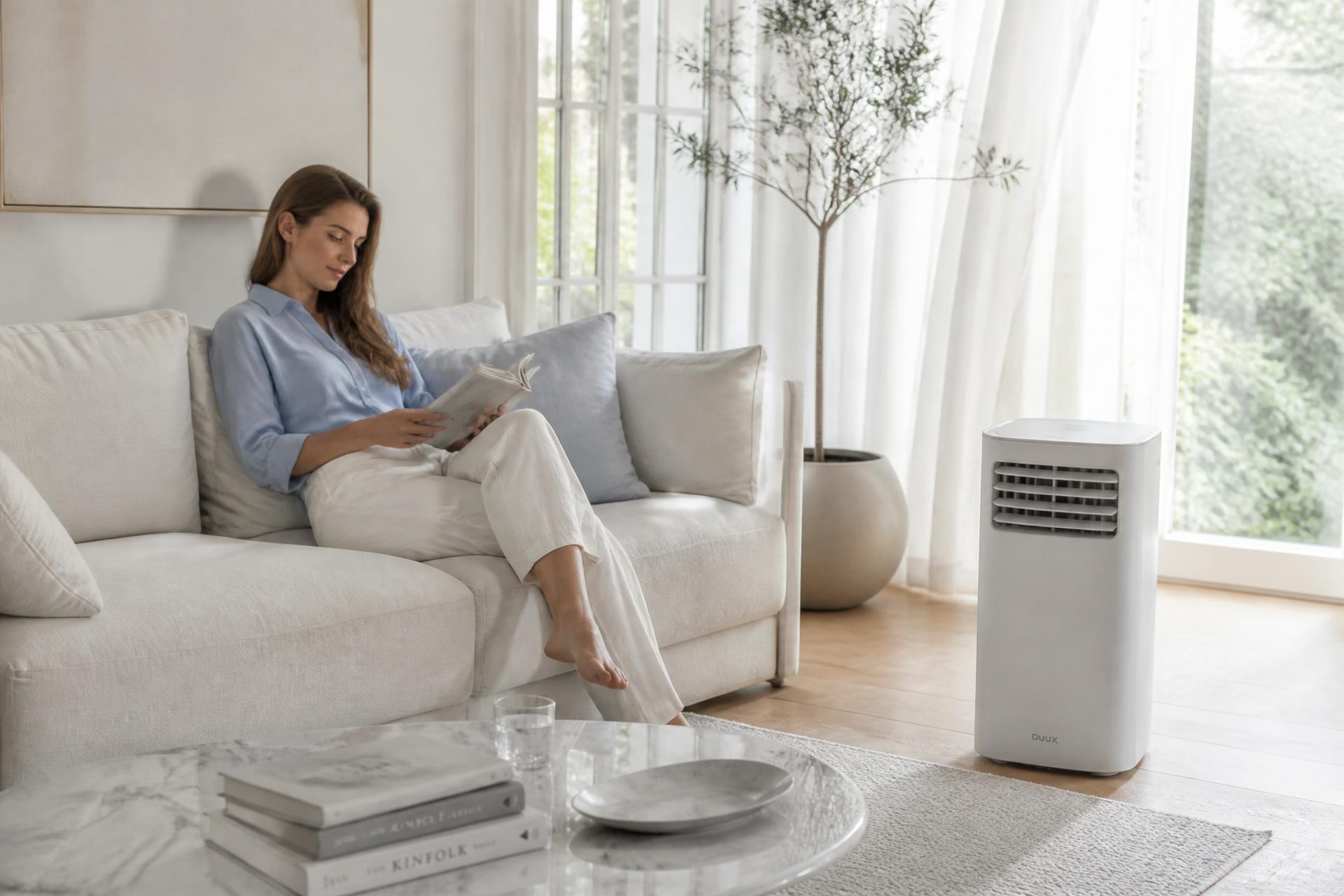 A person relaxing in a cool, sunlit living room